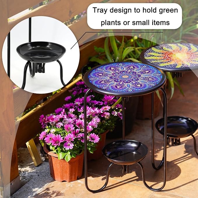 Modern Mosaic Mandala Pattern Glass Patio Table with Bottom Tray - Outdoor Side, Small Accent for Yard, Porch, Garden, Living Room, Coffee Tea, Plant Stand (Blue Mandala)