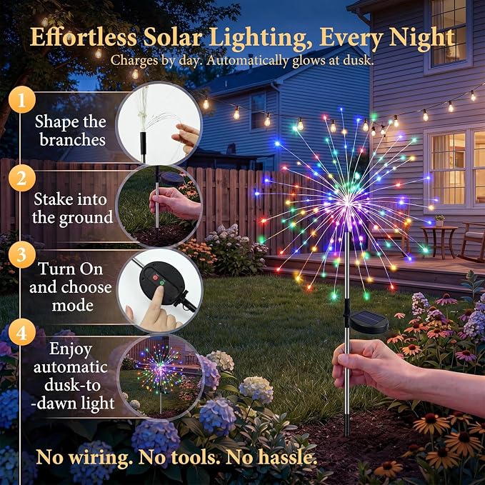 Solar Firework Lights Outdoor 2 Pack, 120LED Solar Starburst Garden Lights with 8 Modes, Waterproof Decorative Sparkle Light for Backyard, Garden, Patio Lawn Landscape & Halloween Party Decor