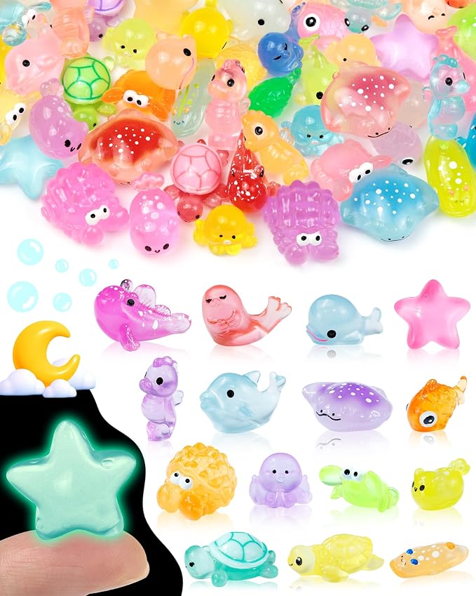 FIVEIZERO 102PCS Luminous Mini Resin Ocean Animals Bulk - 15 Styles Glow in The Dark Plastic Tiny Sea Creatures for Dollhouse, Fairy Garden, Aquarium, Party Favors & DIY Craft Decor