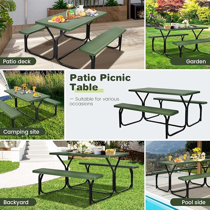 DORTALA Plastic Picnic Table for Outdoors, All Weather Faux Wood Patio Picnic Table Set with Benches for Outdoor, Cafeteria and Commercial, Green
