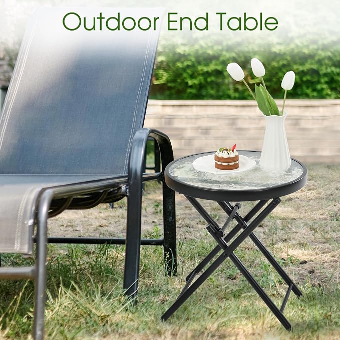 HOMEFUN Outdoor Side Tables - Folding Patio End Table with Tempered Glass Tabletop, Portable Bistro Coffee for Porch Yard, Balcony, Garden, Deck, Poolside, Transparent Glass