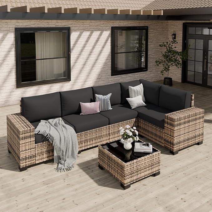 Patio Furniture Set, Wide Armrest Outdoor Furniture Set with Thick Cushions, 6 Piece Wicker Rattan Patio Sectional Sofa for Backyard, Poolside, Garden