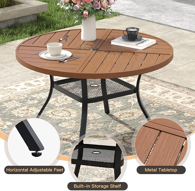 40.6" Outdoor Dining Table with Adjustable Umbrella Hole, Metal Slatted Round Patio Dining Table for Backyard Garden Deck, Walnut