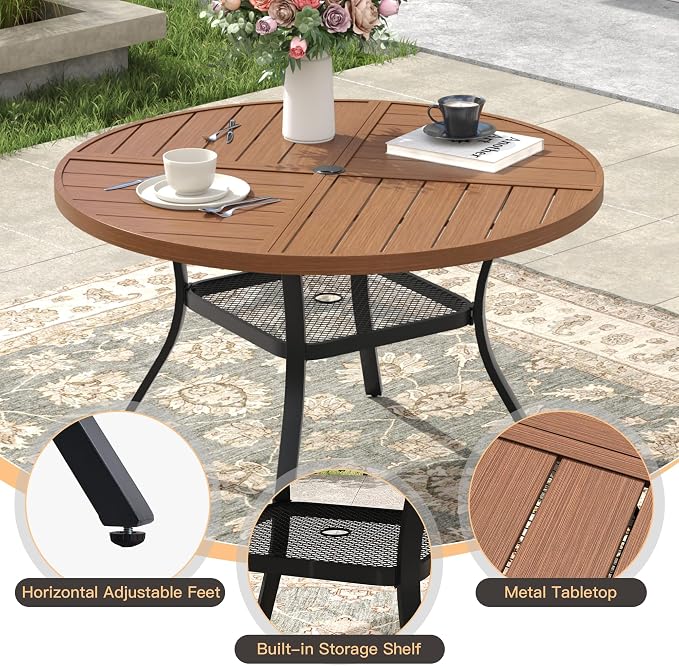 5 Pieces Outdoor Dining Set, 40.7" Spliced Patio Table with Umbrella Hole & Stackable Outdoor Dining Chairs, Patio Furniture Set for Deck Garden Porch, Brown Chairs & Walnut Table