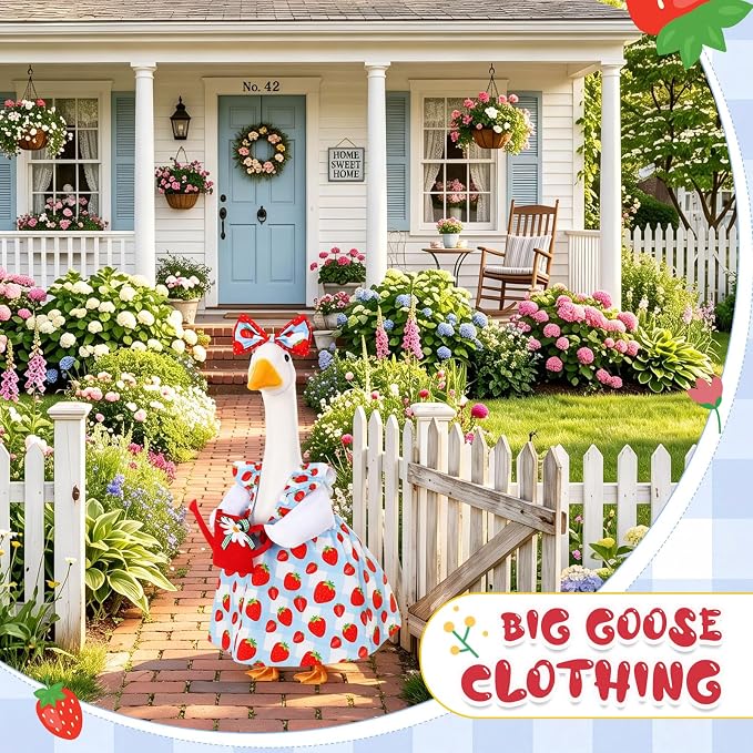 FuWeave Summer Strawberry Goose Outfit Flower Porch Goose Clothes for 23" Large Statue Outdoor Patio Yard Lawn Art Decoration