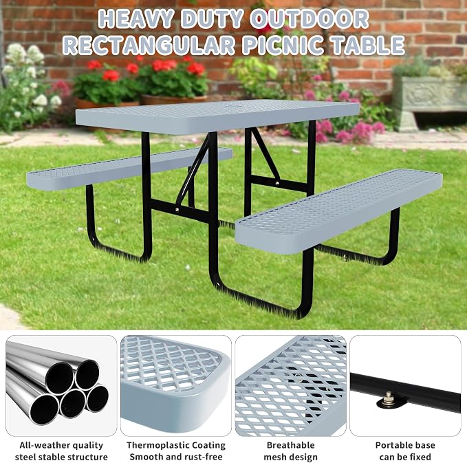 Picnic Tables for Outdoors,Commercial Metal Picnic Table Bench Set with Umbrella Hole,School Canteen Tables W/Seats - Heavy Duty Sturdy Picnic Tables Furniture for Patio Garden (Grey, 4FT)
