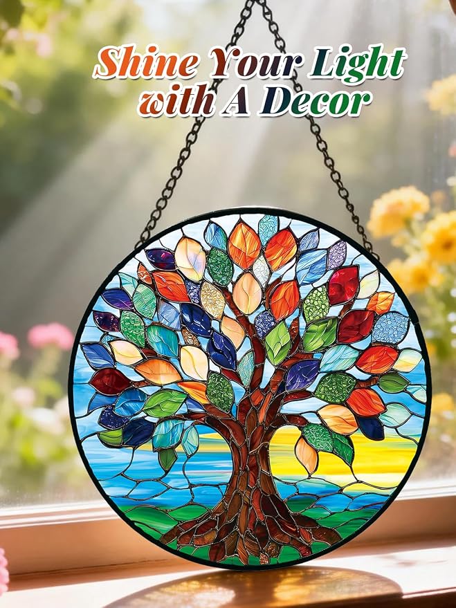 Tree of Life Stained Glass Suncatcher Window Hanging Birthday Gifts | 7.8in Garden Sun Catcher, Colorful Tree Art Sunrise Ornament for Door Home, Gift for Women Men & Mother's Day Christmas