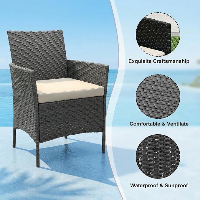 GarveeLife 3 Pieces Patio Furniture Set, Outdoor Furniture Sets with Cushions and Tempered Glass Table for Porch & Garden, Black Wicker/Beige Cushions