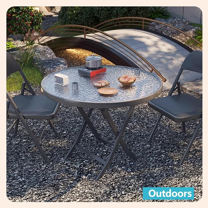 Folding Glass Outdoor Side Table, Patio Coffee Table, Weather Resistant Outdoor Round End Table, Portable Indoor Outdoor Glass Table, Modern Round Folding Dining Table, Space Saving Dining Table