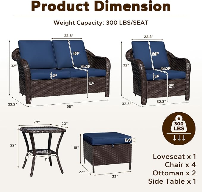 8 Piece Patio Wicker Conversation Set, All-Weather Use Outdoor Wicker Loveseat with 2 PE Rattan Ottomans,4 Chair, 1 Side Table, Ideal for Porch, Backyard, Balcony, Poolside, Blue