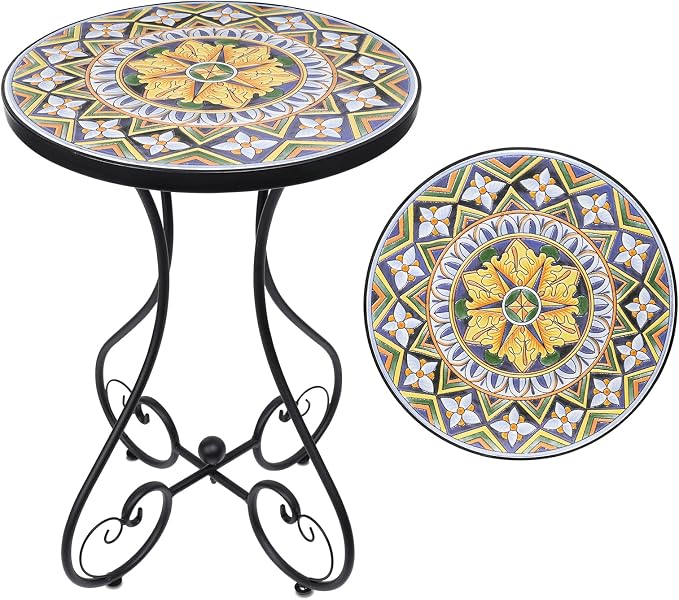 VCUTEKA Outdoor Side Table Mosaic Patio Table Accent Tables Mosaic Tile Top Metal Frame Small End Tables Porch Beach Patio Garden Balcony Yellow