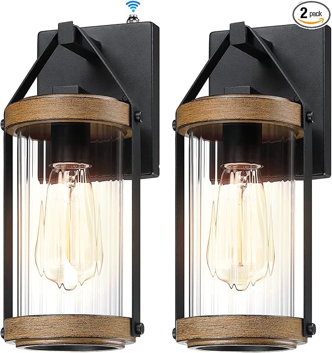 2 Pack Dusk to Dawn Sensor Outdoor Wall Lights with Wood Grain | Exterior Lantern Sconce Lighting Fixtures Waterproof Outside Wall Mount Lamp for House Patio Garage Entryway Doorway