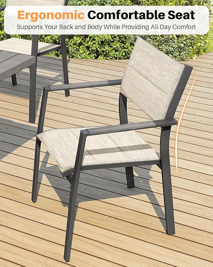 2-Piece Patio Stackable Dining Chairs, Never-Rust Aluminum Outdoor Stackable Patio Chairs, Outdoor Dining Chair Set of 2 with Double-Layer Thickened Textilene for Deck, Garden, Pool, Limed Oak