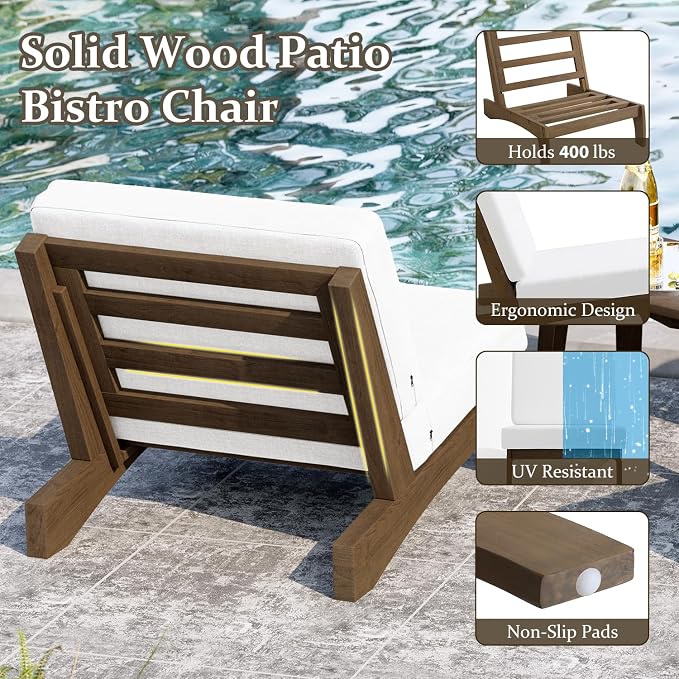 Pia Ricoo Patio Chairs Set of 2, Heavy Duty Wood Patio Furniture Set with Thick Cushions, Bistro Set All-Weather Outdoor Chairs for Balcony, Deck, Poolside, Porch - Beige