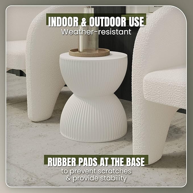LeisureMod 15" Round Hourglass Fiberstone Side Table, Modern Accent End Table for Indoor Outdoor Use, Durable Small Table for Living Room, Patio, Balcony, or Garden - White