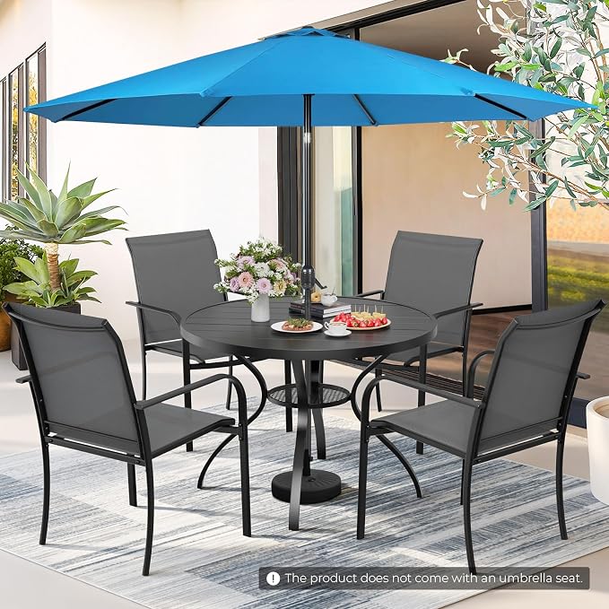 Incbruce 6 PCS Patio Dining Set with Sky Blue Umbrella, Outdoor Dining Set of 4 Textilene Chairs and 41" Round Table with Umbrella Hole for Backyard, Garden, and Poolside (Grey)