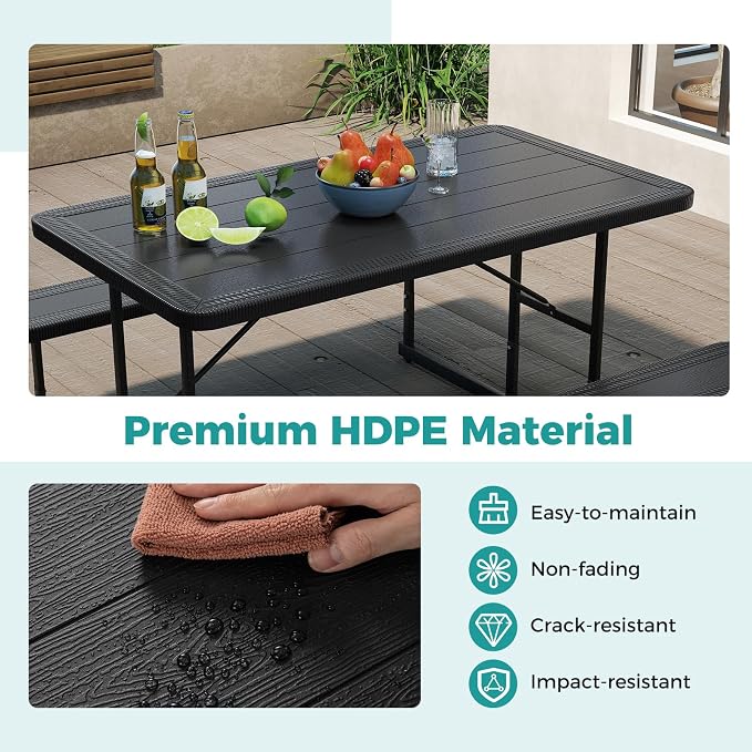 Byroce Outdoor Picnic Table for 4 Person, Rectangular Picnic Camping Table Set with Long Benches, Umbrella Hole & Metal Frame, Heavy Duty HDPE Dining Table Chairs for Patio, Yard & Poolside (Black)