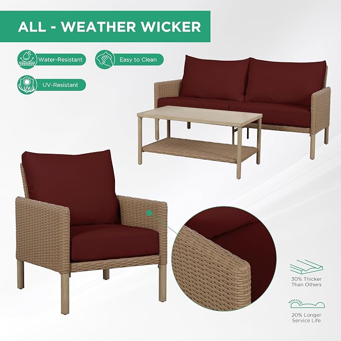 4-Piece Wicker Patio Furniture Set, Outdoor Conversation Set with Coffee Table and Removable Thickened Cushions, Modern Sectional Sofa for Backyard, Garden & Lawn, Red