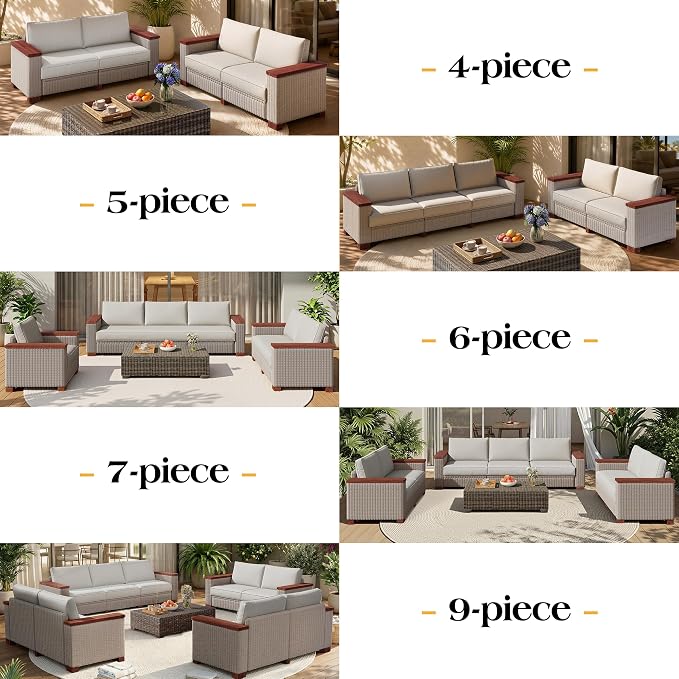 PaPaJet 5-Piece Wicker Patio Furniture Set with Solid Wood Armrest, Outdoor Patio Set with Thick Legs, UV-Resistant Modular Outdoor Sectional Sofa for Backyard, Porch, Garden