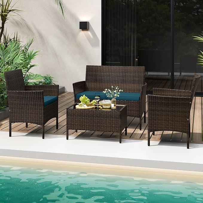 Tangkula 8 Piece Patio Rattan Conversation Set, Outdoor Wicker Furniture Set with Chair, Loveseat & Tempered Glass Table, Cozy Seat Cushions, Outside Sectional Sofa Set for Backyard (2, Peacock Blue)