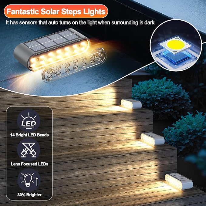 Solar Step Lights for Outside, 6-Pack Stair Light Outdoor Waterproof IP67, 14 LED Warm White Light Solar Powered Lighting for Steps, Stairs, Deck，Patio, Walkway, Front Porch Decor