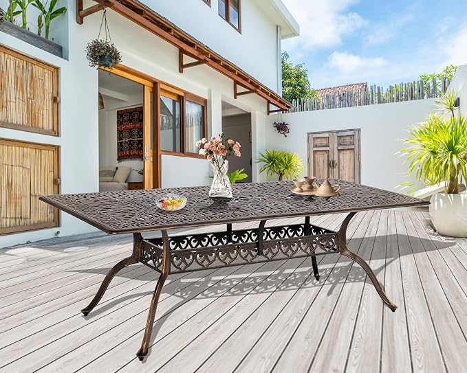 Grepatio 86.6" Patio Dining Table Outdoor Cast Aluminum Large Table, 8 People Party Table with 2" Umbrella Hole for Lawn Backyard Garden, Bronze and Blak 86.6" L x 41.3" W x 28.4" H
