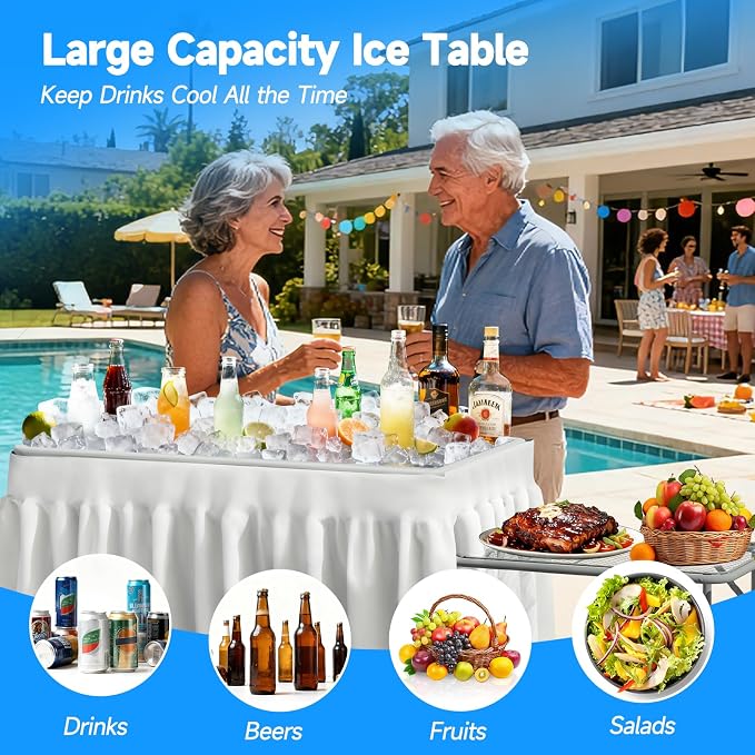 Folding Ice Cooler Table with Metal Side Desktop, Skirt &Drain Hose Plastic Chill Table to Keep Drinks Cool, Portable Self-Serving Beverage Cooling Bar for Parties, Picnics, Barbecues(White