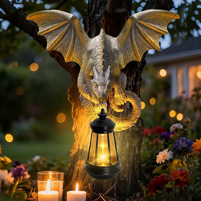 Dragon Tree Hugger Garden Statue - Resin Dragon Figurine Wall Hanger Sculptures Decor with Solar Lantern Lights, Outdoor Waterproof for Balcony Wall Porch Yard, Gifts for Mom Women Birthday