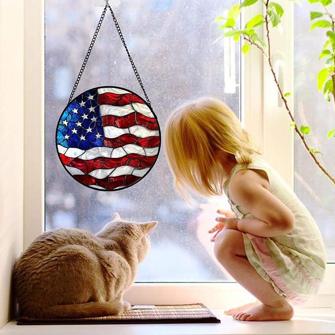 DASTOLL Stained Glass Window Hanging, Blue, White Red National Flag Pattern Sun Catchers Diamond Glass Panel Window Hangings Decor for Birthday Gifts for Women, Men, and Mom 7.8x7.8 in