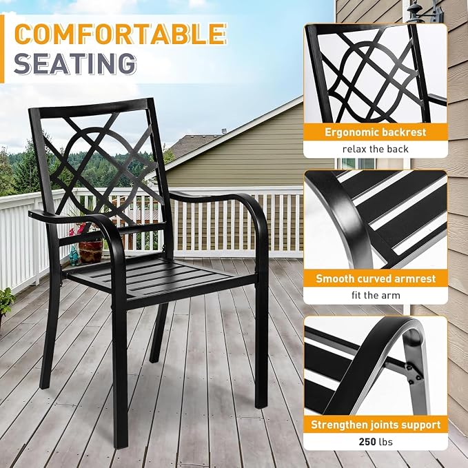 7 Piece Outdoor Patio Dining Set, Metal Patio Furniture Set Outdoor Rectangular Slatted Dining Table with Umbrella Holes & 6 Stackable Backyard Garden Chairs
