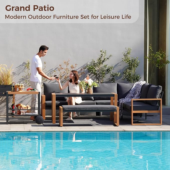 Grand patio Aluminum Patio Furniture Set, L Shaped Outdoor Sectional Sofa with Dining Table and Bench, Modern Outdoor Conversation Couch with Chaise, Faux Wood Grain Finish