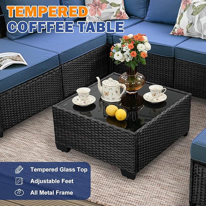 8 Pieces Patio Furniture Set, Wicker PE Rattan Outdoor Sectional with Cushion & Coffee Table, Patio Conversation Sofa for Garden, Backyard, Poolside, Navy