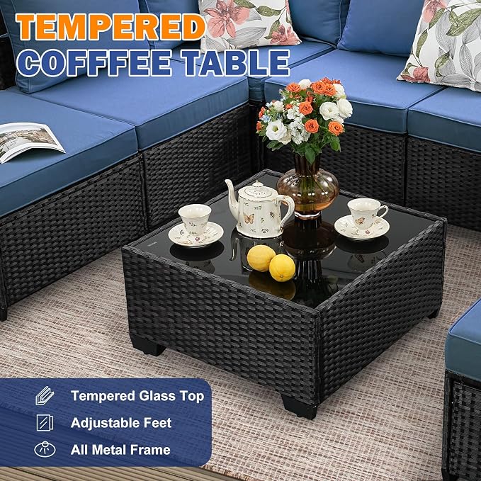6-Piece Outdoor Patio Furniture Set, Modular Wicker Sectional Sofa with Thick Cushions & Coffee Table, All-Weather Rattan Conversation Set for Backyard, Porch, Poolside, Navy