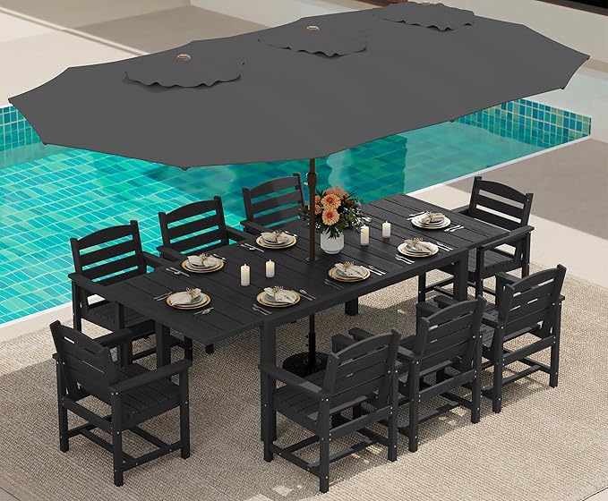 SERWALL 10-Piece Patio Dining Sets with 15FT Patio Umbrella, Black | 60" - 83" Expandable Outdoor Dining Table and 8 HDPE Chairs, All Weather HDPE Outdoor Furniture Set