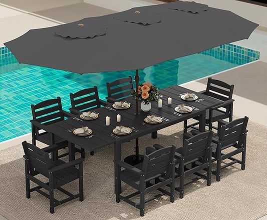 SERWALL 10-Piece Patio Dining Sets with 15FT Patio Umbrella, Black | 60" - 83" Expandable Outdoor Dining Table and 8 HDPE Chairs, All Weather HDPE Outdoor Furniture Set