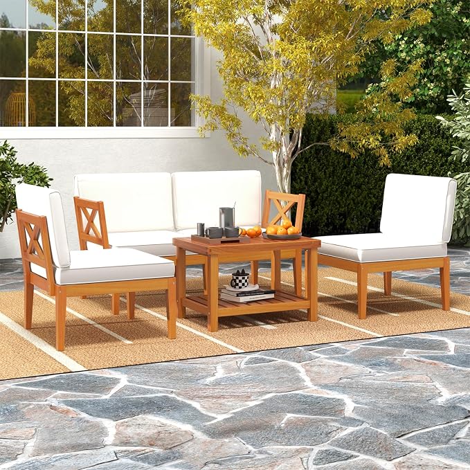 Tangkula 10 Pieces Acacia Wood Patio Furniture Set, Outdoor Sectional Conversation Set with Cushions and 2-Tier Coffee Table, Outdoor Bistro Furniture Set for Garden, Backyard