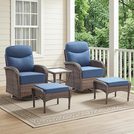 HUMMUH Outdoor Swivel Rocker Patio Chairs with Ottomans,Luxury 6-inch Thick Cushion High Back Patio Furniture Set,5PCS Wicker Conversation Set for Deck Yard and Poolside