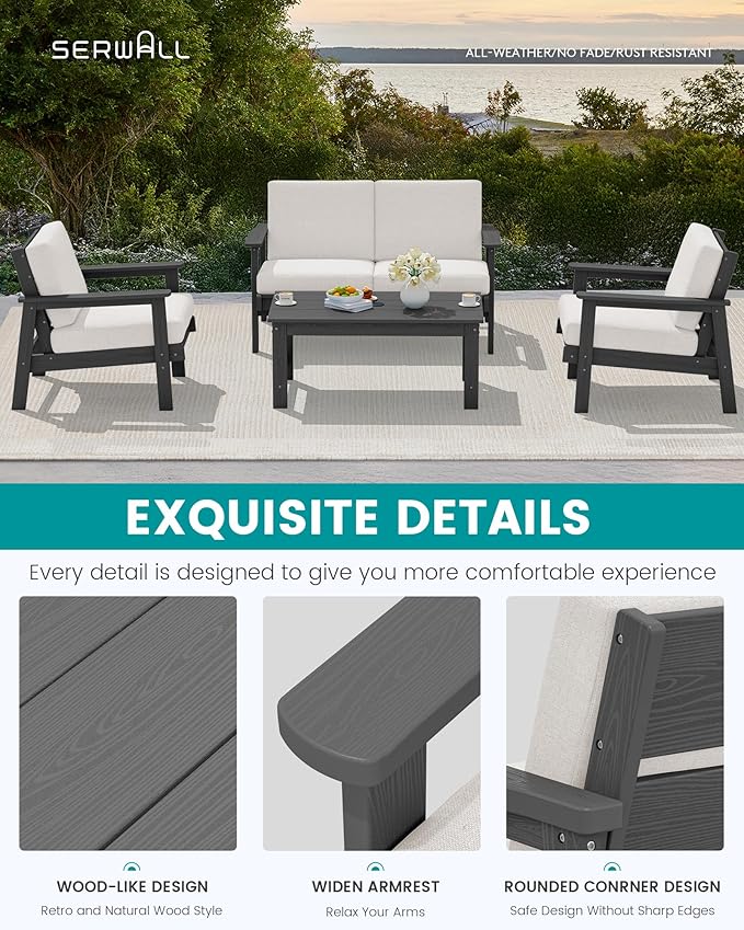 SERWALL HDPE Outdoor Patio Loveseat, All Weather Wood-Like Outdoor Sofa HDPE Outdoor Furniture, Grey Frame and Khaki Cushion