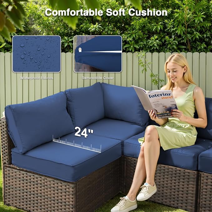 5 Piece Patio Furniture Set with Fire Pit Table, All Weather PE Rattan Outdoor Sectional Sofa Couch with 4 x arm Sofa, No-Slip Cushions for Garden, Poolside, Backyard (Blue)