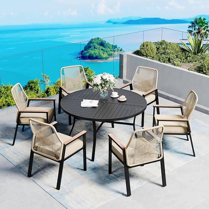 SUNSHINE VALLEY 54" Patio Dining Table for 6, Round Patio Table with Umbrella Hole,E-Coating and Powder Coating Steel Frame Metal Outdoor Patio Table for Garden Backyard Lawn Yard