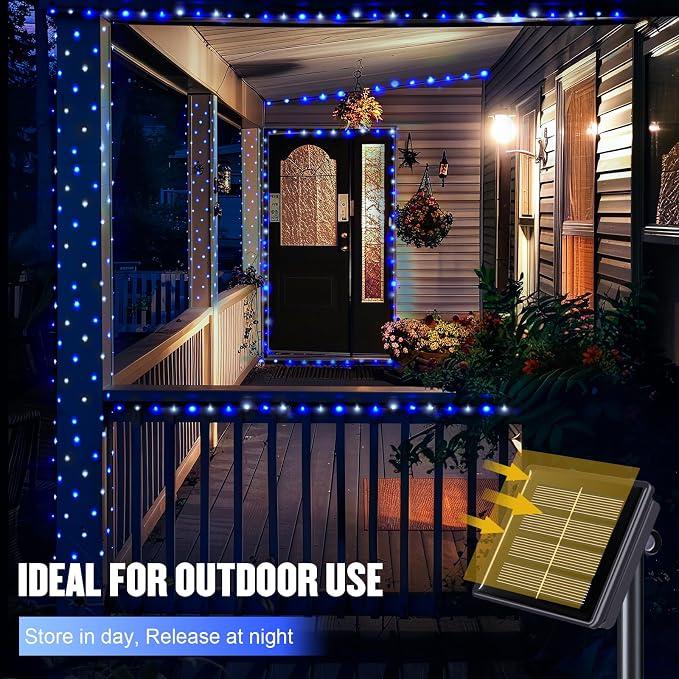 JMEXSUSS 2 Pack Solar Fairy Lights, Each 33FT 100 LED, Blue and White | Outdoor Waterproof, 8 Modes Copper Wire Solar String Lights for Outside Yard Patio Garden Christmas Decorations