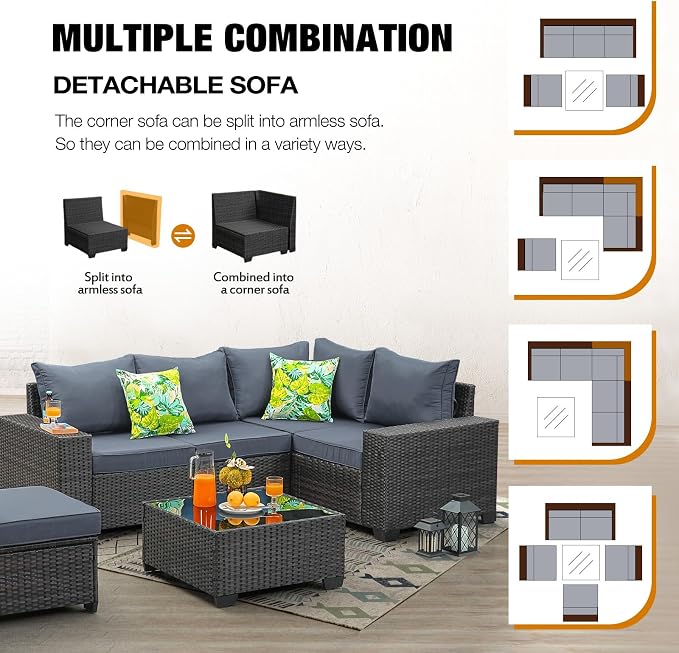 JOYURE 6 Pieces Patio Furniture Set All-Weather Outdoor Wicker Sectional Conversation Sofa Rattan Patio Seating Sofa with Cushion and Glass Table for Porch Poolside,Grey