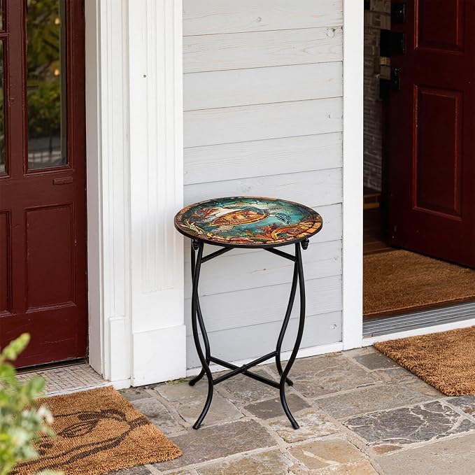 Metal Round Side Table, 14" Diameter Indoor Outdoor Side Table, Weather Resistant Patio Table for Porch Yard Balcony, Easy Assembly