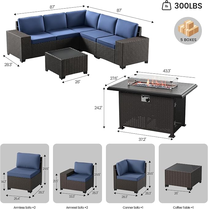 Patio Furniture Set 7 Pieces Outdoor Furniture Patio Conversation Set w/43in Gas Fire Pit,PE Rattan Wicker 7 Pcs Outdoor Sofa Set w/55000 BTU Propane Fire Pit Table,NavyBlue