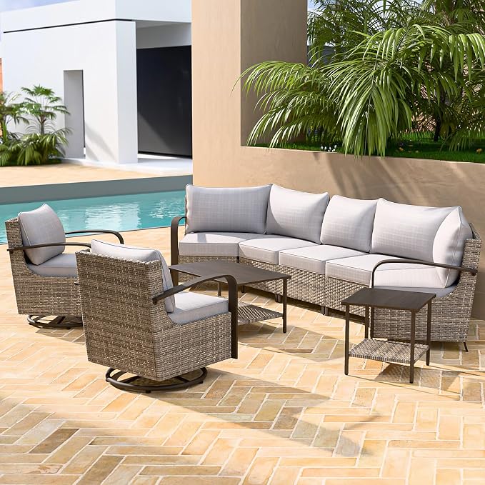 COOS BAY Aurora Terrace 7 Piece Outdoor Sectional Furniture Set, Half Moon Rattan Wicker Conversation Set with Swivel Chairs, 5 Seat Sofa, Coffee & Side Table for Patio Garden Yard, Beige/Beige