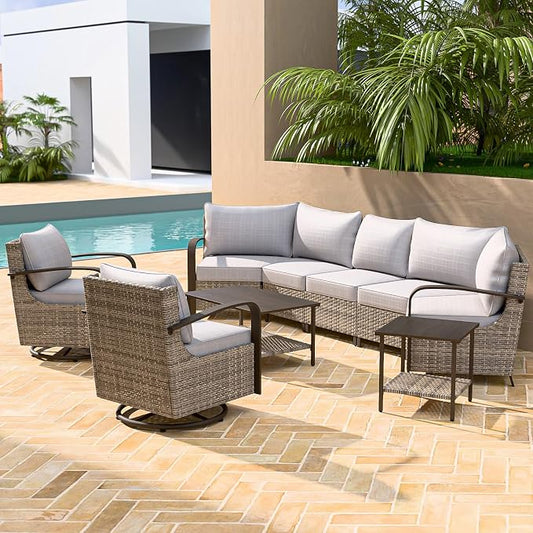 COOS BAY Aurora Terrace 7 Piece Outdoor Sectional Furniture Set, Half Moon Rattan Wicker Conversation Set with Swivel Chairs, 5 Seat Sofa, Coffee & Side Table for Patio Garden Yard, Beige/Beige