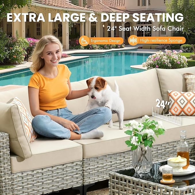 Patio Sectional Outdoor Furniture Set with Swivel Rocking Chairs and Glowing Table,8 Pieces Wicker Conversation Sets L Shaped Couch Out Door Sofa Outside Furniture for Garden Deck Yard Porch,Beige