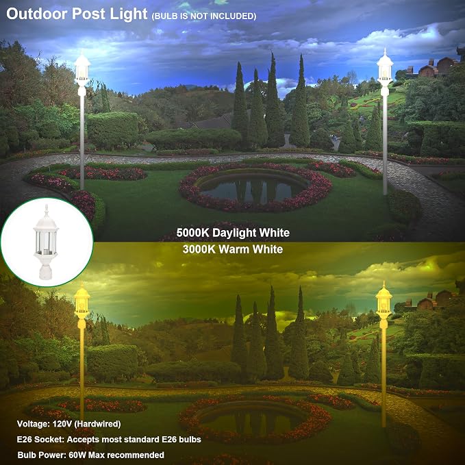 Outdoor Post Light, Rustproof Aluminum Pole Lamp, White | Exterior Lamp Post Light Fixture for Garden, Yard, Pathway, Waterproof, Glass, E26 Base, Max 60W, 2 Pack