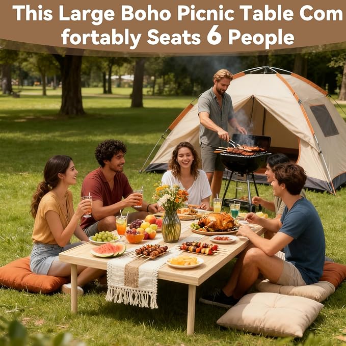 Portable Wooden Outdoor Low Picnic Table for Floor Seating, Beach, Camping, BBQ, Backyard, 60x30in