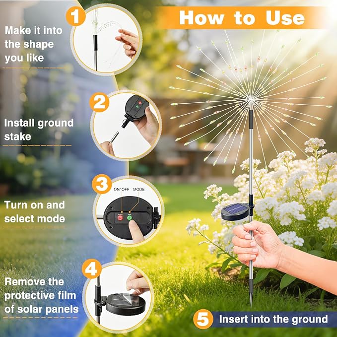 btfarm 2 Pack Solar Garden Lights Outdoor, 8 Modes Firework Lights Outside | 120LED, Waterproof Fairy Twinkle Light Solar Powered for Yard Christmas Pathway Lawn Pool Patio Decorative, Multicolor